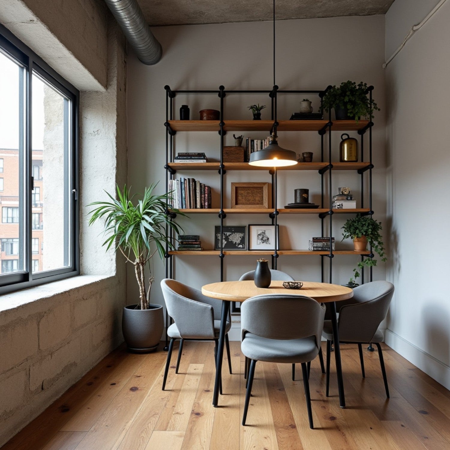 New York style apartment with industrial style wall shelving