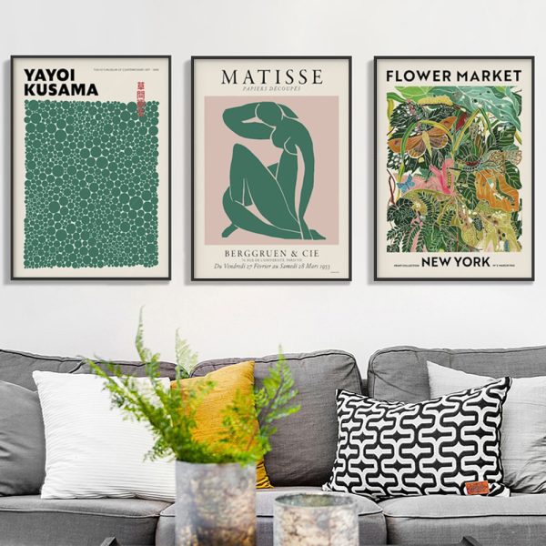 Wall Art 60cmx90cm Flower Market, Matisse Print, Yayoi Kusama 3 Sets Black Frame Canvas