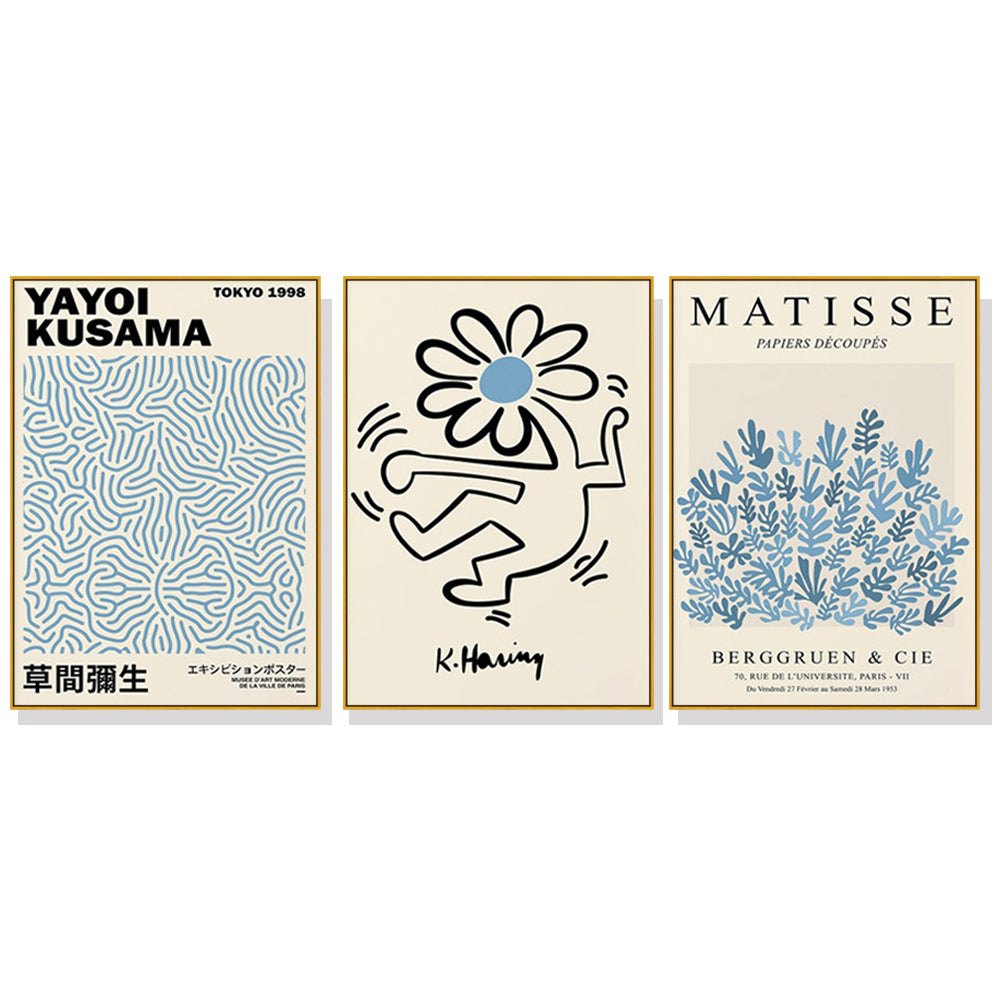 Wall Art 60cmx90cm Blue Matisse,Yayoi Kusama, Keith Haring Mix Art 3 Sets Gold Frame Canvas