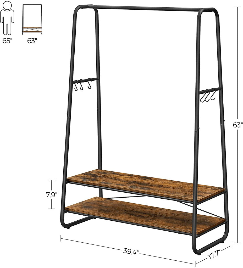 VASAGLE Clothes Rack with 2 Shelves Rustic Brown and Black