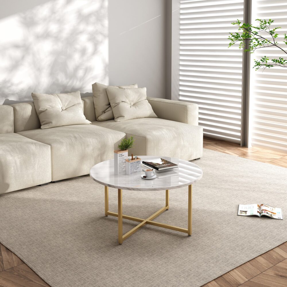 White Marble Effect Round Coffee Table with Gold Legs