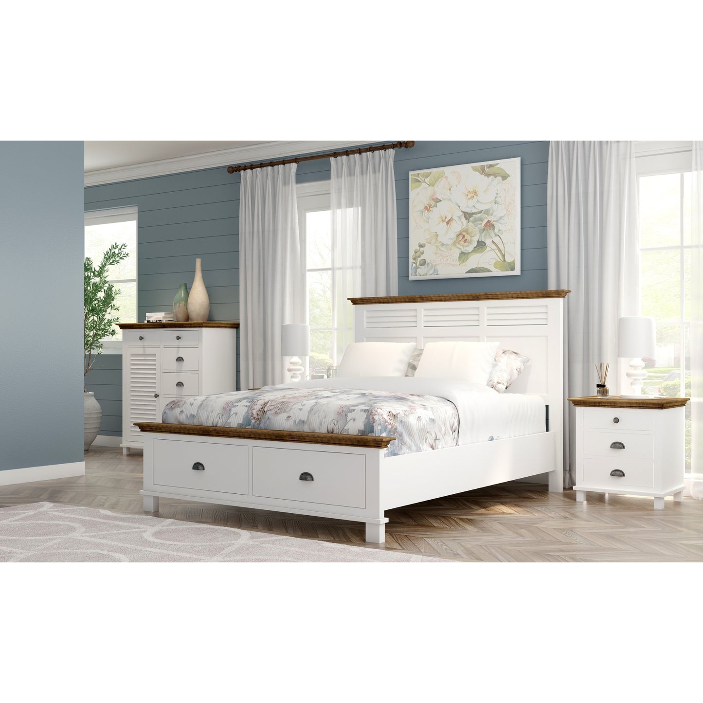 Virginia King Bed Frame Size Mattress Base with Drawer Solid Pine Wood - White